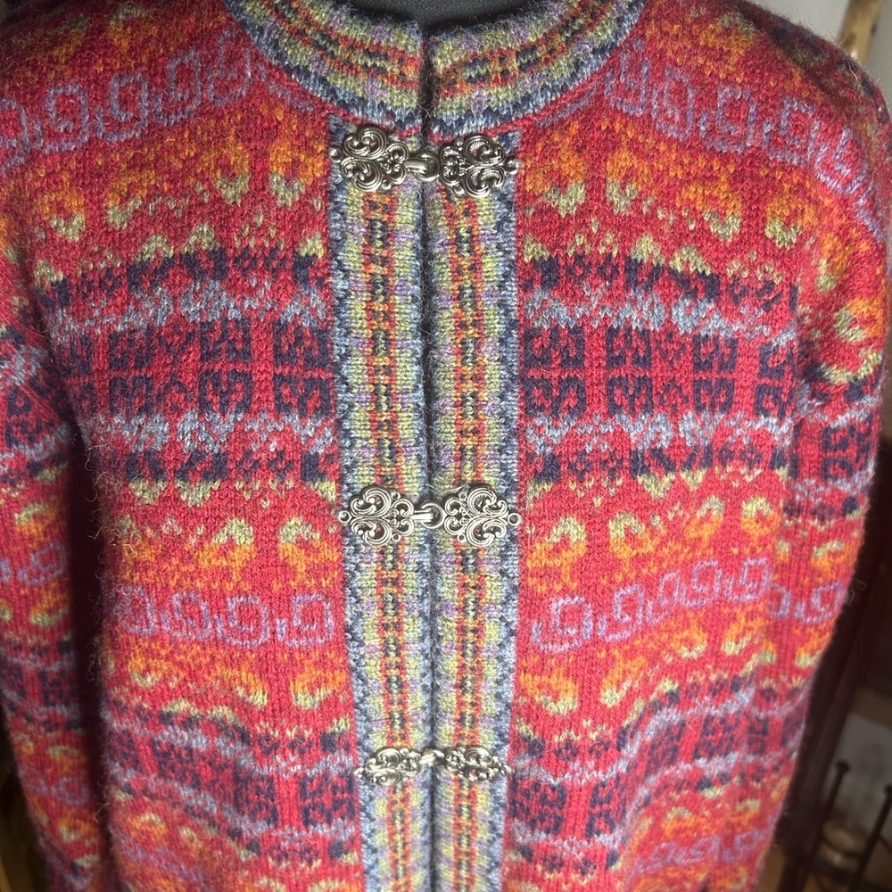 Vintage Cambridge 100% Wool Cardigan Fair Isle Nordic Knit Frog Clasp Women's S - Picture 3 of 13